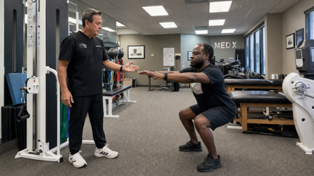 Dr. J stands on the left and coaches a patient performing a controlled bodyweight squat in The Center for Total Back Care rehabilitation area.