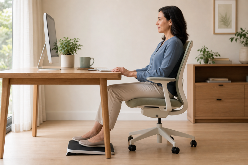 Sitting feet supported with relaxed shoulders
