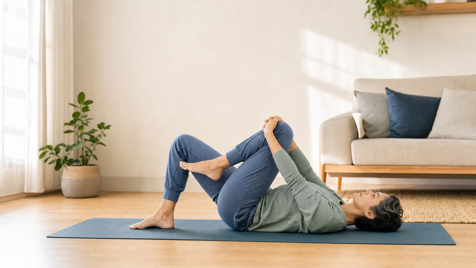 An adult gently bringing one knee toward the chest while lying on an exercise mat.