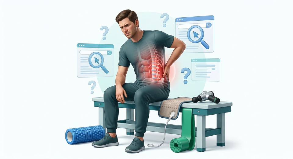 Patient with recurring low back pain next to common self-care treatments including stretching exercises and pain relief tools, illustrating why back pain often returns without proper rehabilitation.