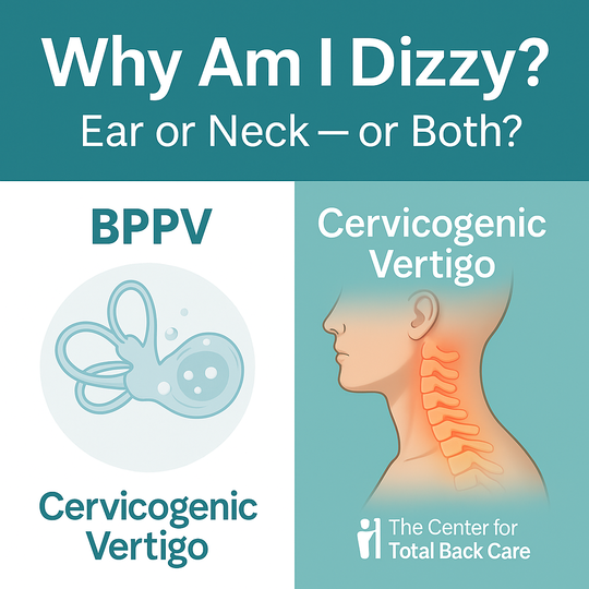 Vertigo education graphic from The Center for Total Back Care in Mesa, AZ showing BPPV versus cervicogenic vertigo and explaining dizziness caused by the ear or neck.