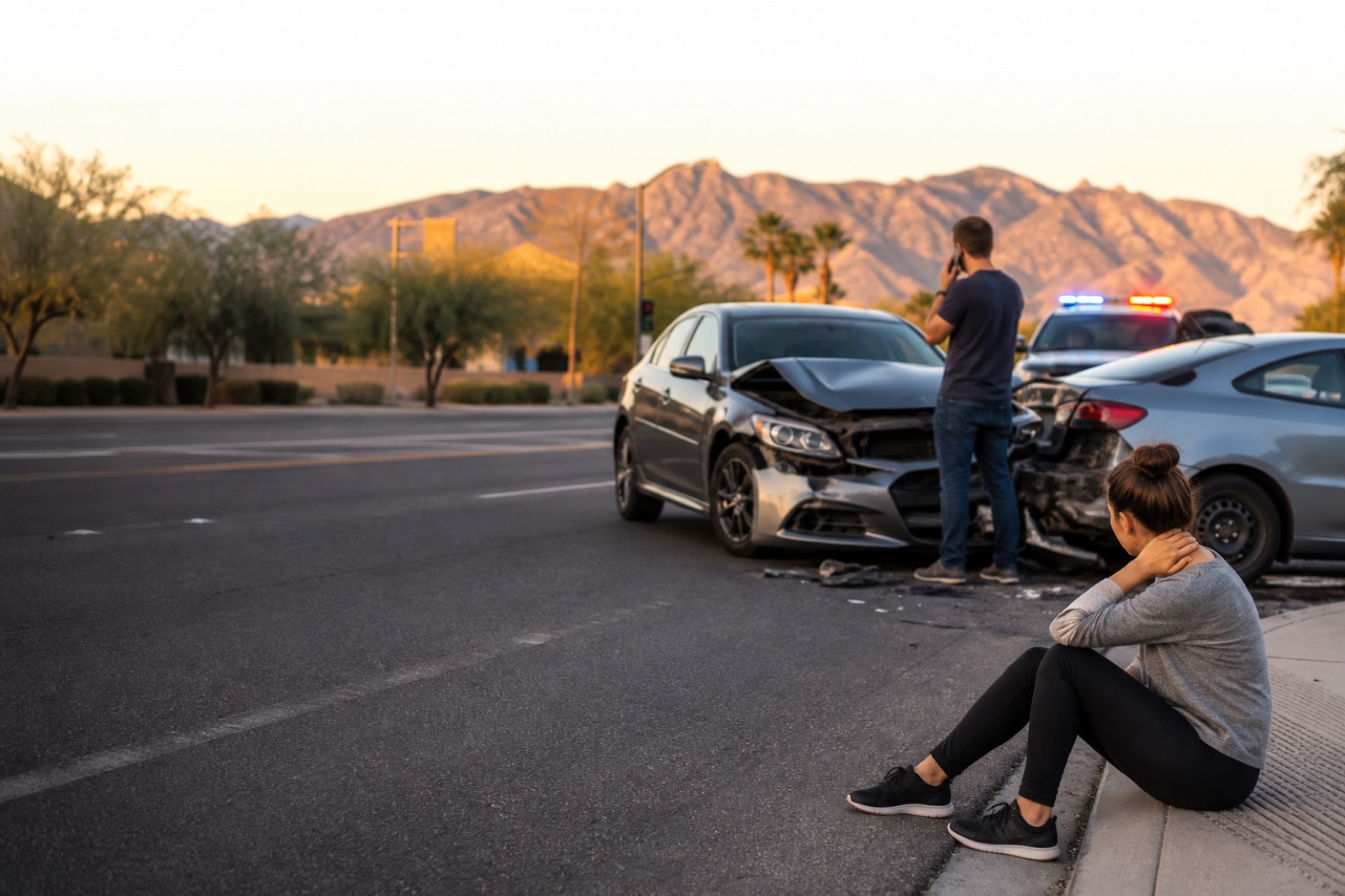 Aftermath of a car accident in Mesa, Arizona — damaged vehicles and a person holding their neck after a crash